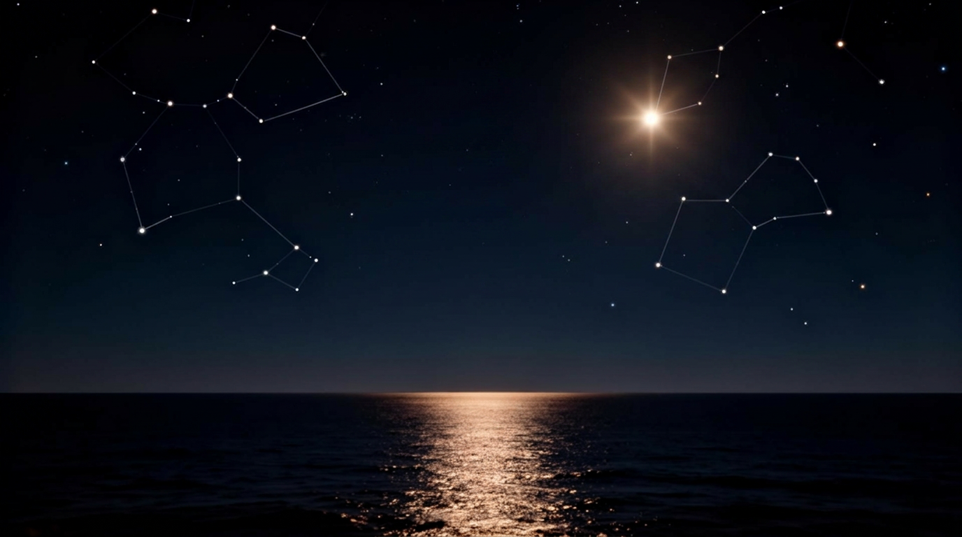 North Star shining brightly above a calm dark sea at night, with faint constellations across the sky